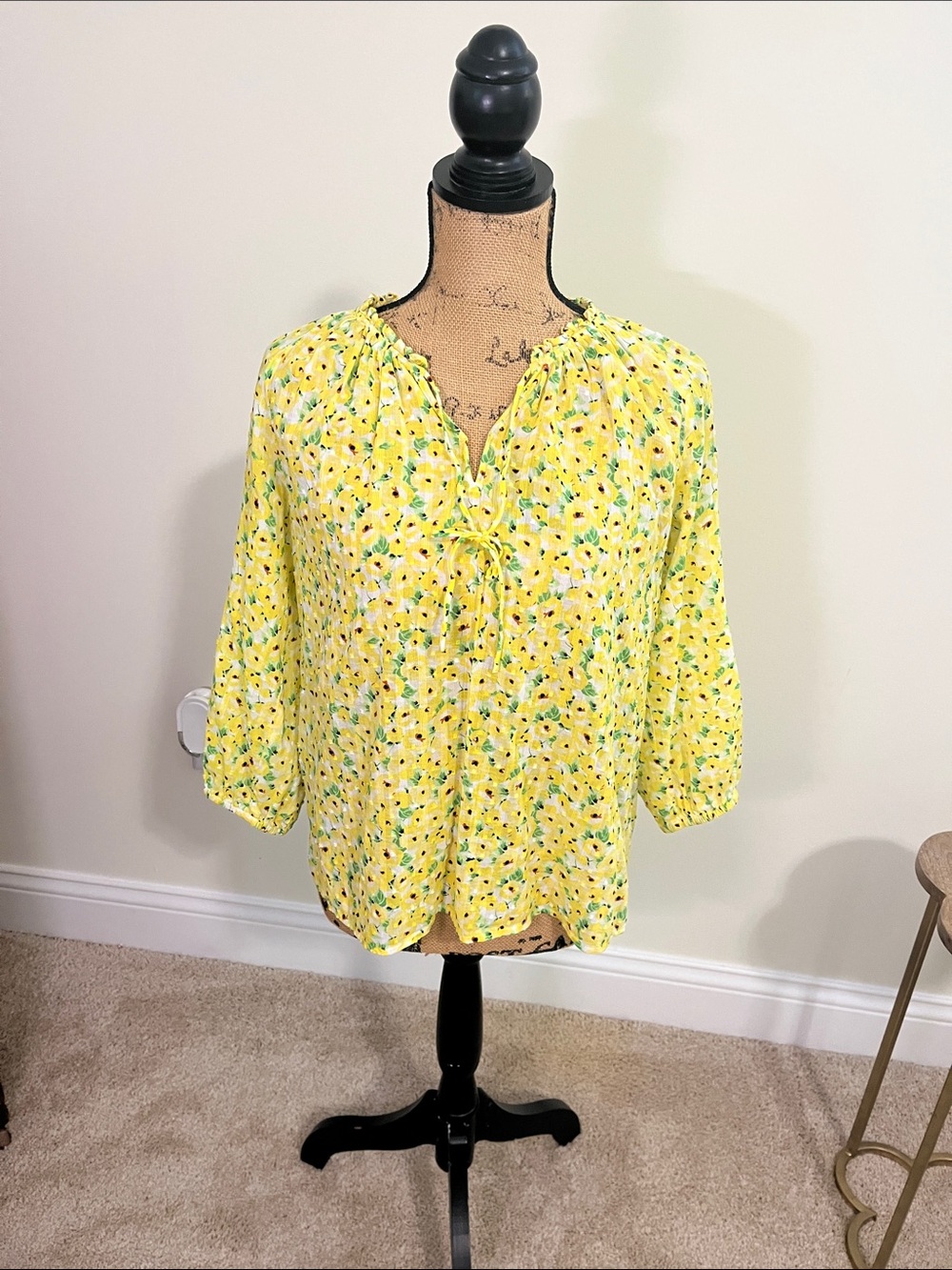 LOFT Yellow Floral Tie-Front Peasant Blouse